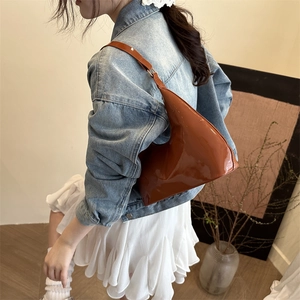 French retro caramel patent leather underarm bag for women with minimalist hobo design