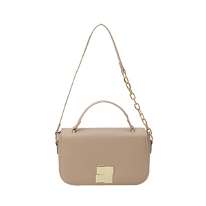 Elegant khaki rectangle shoulder bag with metallic gold square buckle and chain strap