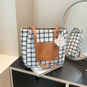 Damen Hahnentritt Tweed Tote Bag PU Leder Patchwork Große Kapazität Schultertasche Mit Katzenanhänger Mode Casual Handtasche