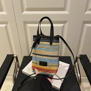 Summer Bohemian Woven Colorful Striped Crossbody Bag For Women Mini Straw Handbag With Top Handle Casual Travel Shoulder Pouch