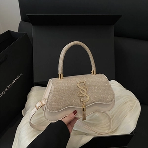 Women Retro Glitter Crossbody Bag PU Leather Square Handbag With Gold Metal Tassel Wave Edge Solid Color Party Evening Bag