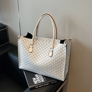 Fashion Retro Large Capacity PU Leather Monogram Print Tote Bag For Women Vintage Daily Casual Shoulder Bag