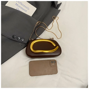 Detail of a dark brown square bag with golden ring handle and snake chain strap