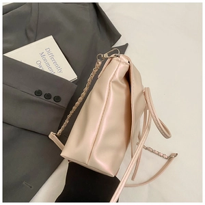 Detail of light pink pleated shoulder bag with metal chain strap and pearl luster finish