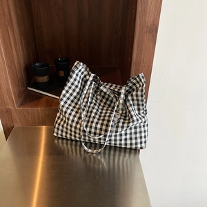 Women Gingham Plaid Tote Bag Nylon Large Capacity Shoulder Bag With Bowknot Fresh Artistic Style Daily Shopping Handbag