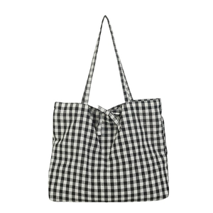 Classic black and white checkered canvas tote bag with a sweet bow tie accent