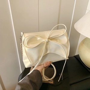 Women Fashion Bow PU Leather Crossbody Bag Metallic Chain Pleated Shoulder Bag Sweet Elegant Flap Bag For Daily Party