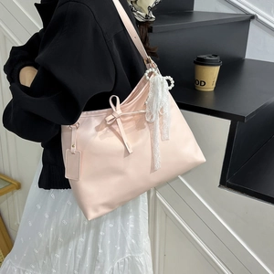 Pink large capacity tote bag with ribbon bow and pearl lace charm for women