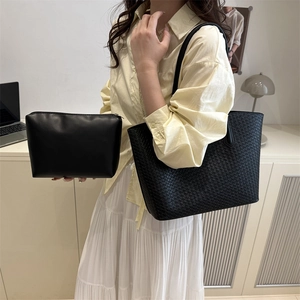 Minimalist black woven tote bag set with matching inner pouch for women daily commute