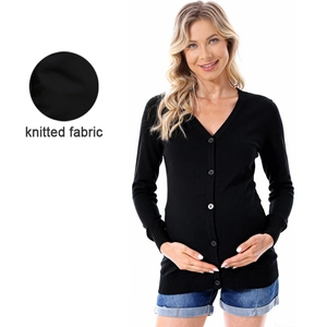 Classic black V-neck maternity knitted cardigan with long sleeves and ribbed cuffs