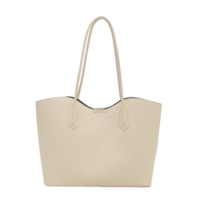 Minimalist beige woven texture tote bag with large capacity and wavy edge design