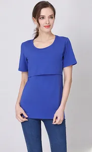 Detail of the navy blue cotton nursing top showing the layered nursing access design