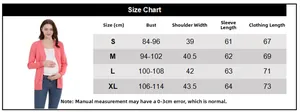 Detailed maternity knit cardigan size chart with bust, shoulder and sleeve measurements