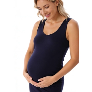 Detail of navy blue maternity tank dress showing V-neck design and elastic modal fabric