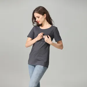 Detail of hidden breastfeeding opening on a charcoal cotton maternity T-shirt