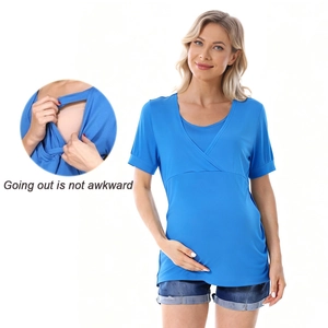 Bright blue maternity breastfeeding t-shirt with functional double-layer nursing design