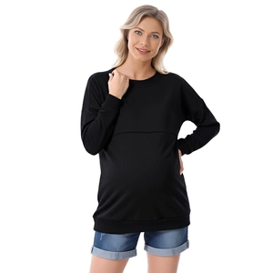 Front view of black long sleeve maternity sweatshirt with horizontal belly seam detail