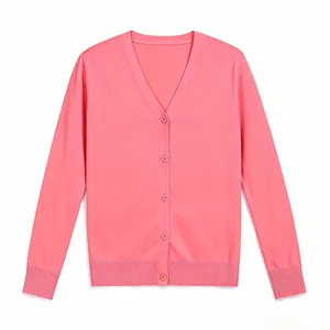 Detail of pink knitted maternity cardigan featuring V-neckline and ribbed cuffs