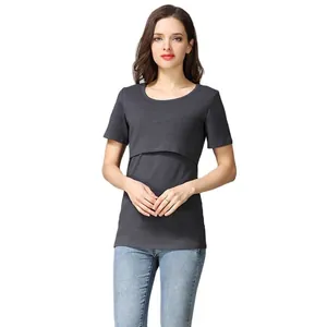 Short-sleeve cotton maternity nursing T-shirt in grey with layered feeding access