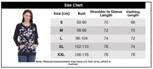 Size chart for floral nursing sweatshirt showing bust and length measurements from S to XXL
