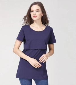 Detail of navy blue cotton maternity T-shirt with double-layer nursing opening for breastfeeding
