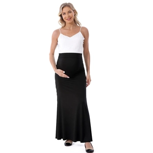 Detail view of high-waist maternity skirt with adjustable elastic band in black modal fabric