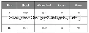 Detailed size chart for maternity t-shirt showing bust, abdominal, and length dimensions