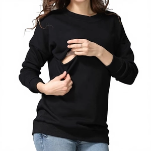 Loose maternity nursing sweatshirt in black with hidden zippers for breastfeeding