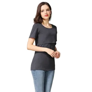Detail of dark grey maternity nursing t-shirt with double-layer opening for breastfeeding