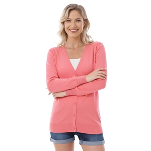 Close-up of pink maternity knit cardigan with V-neckline and button-down front detailing