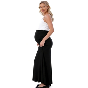 Detail of high waist maternity skirt with adjustable abdominal support band in black