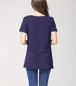 Back view of a navy blue cotton short-sleeve maternity nursing T-shirt with simple round neck
