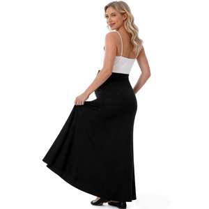 Detail view of high waist black modal maternity skirt with adjustable waist band design