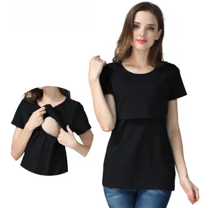 Close-up of black cotton nursing T-shirt with double-layer functional opening for breastfeeding