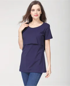 Detail of navy blue nursing t-shirt with hidden feeding layer and short sleeves