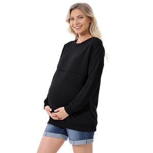 Detail of loose maternity sweatshirt featuring a nursing access design and soft cotton fabric