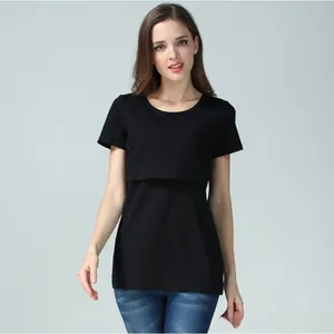 Detail of the double-layer nursing opening on a black cotton short sleeve maternity top