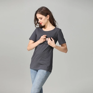Detail of dark grey nursing T-shirt showing invisible side opening for breastfeeding