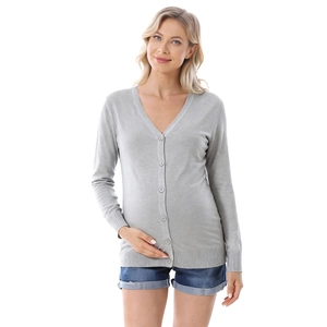 Light gray V-neck maternity knit cardigan with buttons for pregnancy and postpartum