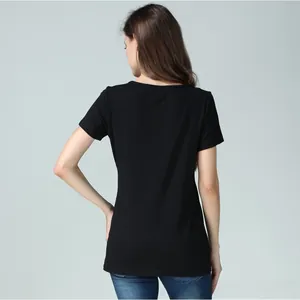 Back view of a black short-sleeved cotton nursing T-shirt with a slim-fit design