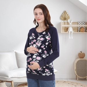 Macro detail of dark blue floral maternity hoodie with nursing access for breastfeeding