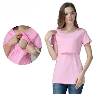 Detail view of the pink cotton maternity nursing T-shirt with double-layer feeding opening