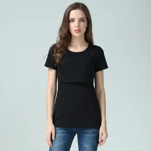 Short sleeve nursing T-shirt in black cotton with practical double-layer feeding design