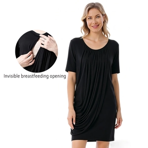 Detail of the invisible breastfeeding opening on a black modal short sleeve maternity dress