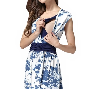 Floral maternity nursing dress with V-neck crossover and high waist design in blue and white