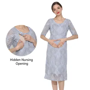 Robe de Maternité Élégante en Dentelle Florale avec Accès Allaitement Col Rond Manche Demi Taille Haute Femme