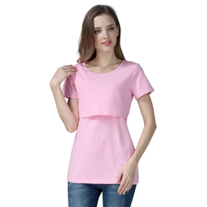 Pink maternity nursing T-shirt in soft cotton with double-layer nursing access