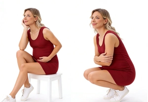 Detail of burgundy maternity tank dress showing soft modal fabric and stretchy belly fit