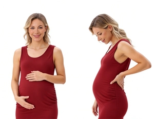 Front and side view of a red sleeveless maternity dress showing side ruching detail