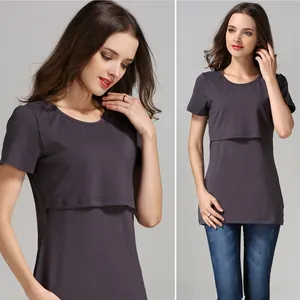 Detailed view of breastfeeding access design on a dark purple cotton nursing T-shirt